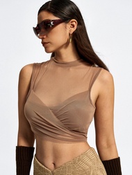 Cider Solid Ruched Knotted Crop Top
