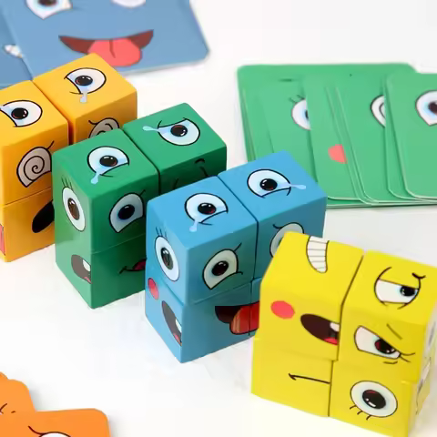 Cube Face Changing Wood Puzzle Building Block Board Game Montessori Expression Wooden Block Blocos f