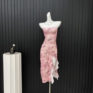 dress hijau floral tanpa lengan wanita big size pantai Elegant party backless dress korean style