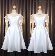 [พร้อมส่ง] [LUXURY707] เดรสออกงาน ทรงสั้นแต่งแขนผ้าแก้วตุ๊กตา (VG9522)