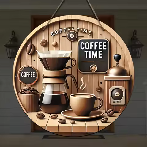 1 vintage wooden coffee time sign, 2D coffee machine and pour coffee wall decoration, suitable for c