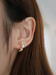 日本直送 雙色小米珠 Akoya珍珠耳環 樹葉設計 18k金 天然鑽石