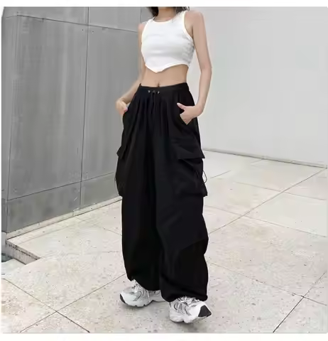 Women's Low Waist Tech Pants, Drawstring, Wide Leg Baggy Trousers, Y2K Streetwear, Oversize Sweatpan