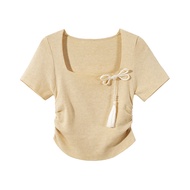 Áo Thun Dệt Kim Tay Ngắn Kiểu Trung Quốc Mới Áo Thun Nữ Mùa Hè Áo Lót Bó Sát Áo Ngắn Xếp Ly Cổ Vuông