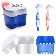 SOFTNESS Dentures Container with Basket Travel Storage Box Double-layer Cleaner Brush