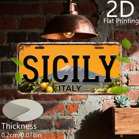 Vintage Italian "SICILY ITALY" Mount Etna Lemon Tree Scenery Aluminum Tin Sign Wall Art Decor for Me