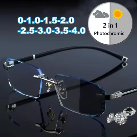 Men Women Photochromic Myopia Glasses Unisex Stylish Diamond Cut Near Sight Eyeglasses Luxury Anti-b