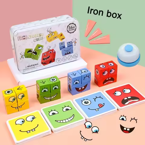 Cube Face Changing Wood Puzzle Building Blocks Board Game Montessori Expression Wooden Blocks Blocos