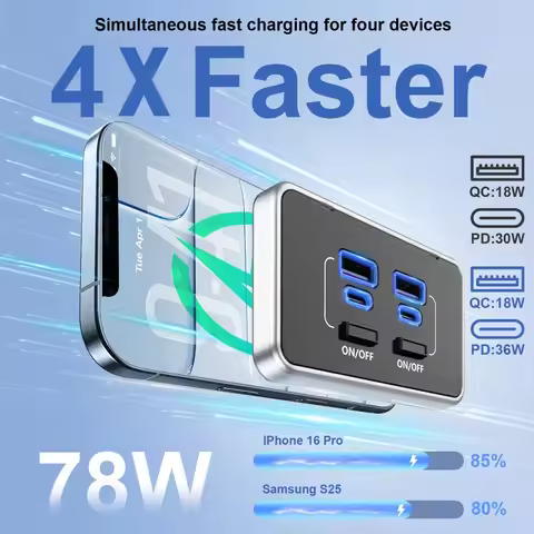4-Port 12V RV USB Outlet Fast Charger Socket 78W Dual PD Type‑C & Dual QC3.0 Outlet Panel with Switc