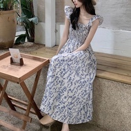 Dress Long Skirt Sleeveless Floral Pattern Blue For Women Sweet Waist Pleated New From Bangkok