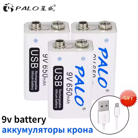 PALO 9V USB Lithium Battery 650mAh 6F22 Li-Ion Rechargeable Batteria 9 Volts for Toys Massagers Mult