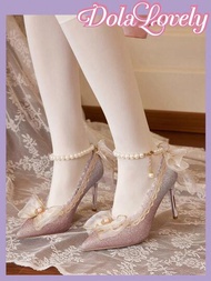 Dola Lovely 女士漸變銀色蕾絲珍珠元素可愛蝴蝶結格雷特爆款高跟鞋，畢業典禮鞋，夏季舞會鞋
