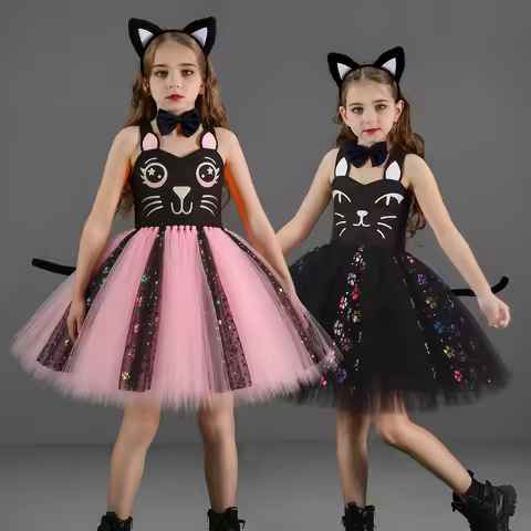 Pink Black Cat Tutu Dress for Baby Girls Halloween Dress up Costume Kids Animal Kitty Birthday Outfi
