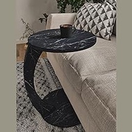 Furpinea C Shaped End Table for Couch Small Places, Faux Marble Black Space Saver Round Side Table for Sofa and Bedside with Wheels, Coffee and Eating Snack Time Tray for Living Room, Office