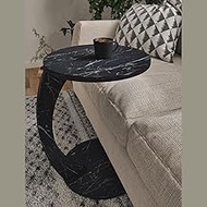 Furpinea C Shaped End Table for Couch Small Places, Faux Marble Black Space Saver Round Side Table for Sofa and Bedside with Wheels, Coffee and Eating Snack Time Tray for Living Room, Office