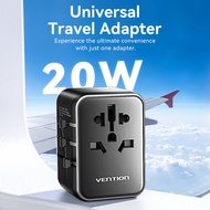 Vention® 3 พอร์ต USB (C+A+A) Universal Travel Adapter (20W/18W/18W) สีดำ