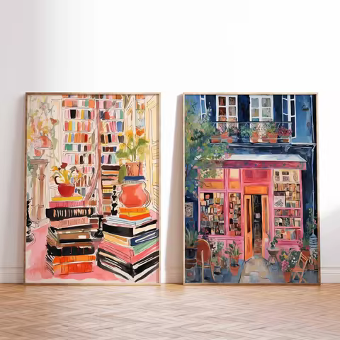 Set of 2 Vintage Bookshop Posters, Book Art, Reading Poster, Book Lovers Gift, Reading Gift, Retro B