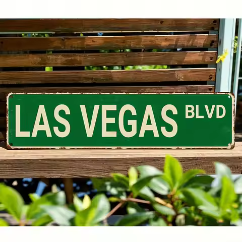 Vintage Las Vegas Blvd Metal Sign - 10cm x 40cm, Rustic Green & White Wall Decor with Pre-Drilled Ho