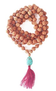 [USA]_Rudraksha Seed Mala with Turquoise Pendant - 108 Beads 6.5mm by Aum Rudraksha Designs