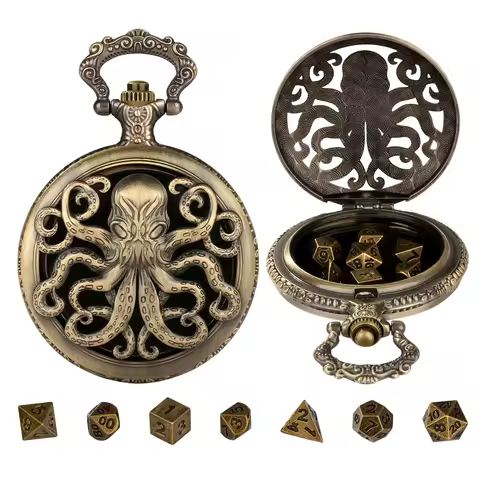 YISUYA Mini DND Dice Set, Octopus Pocket Watch Shell Case, 7pcs Polyhedral Metal DND Dice, Roleplayi