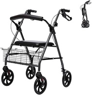 Rollator Lightweight Folding 4 Wheels Walker with Seat Shopping Basket Walking Frame for Elderly Adjustable Height Mobility Aid Trolley