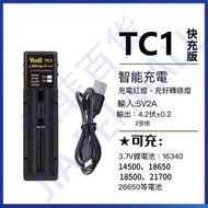 N13B【三型號全兼容】18650/21700/26650 快速 2A 智能充電器 單槽 Type-c 介面 手電筒充電 充電識別保護 過充過溫防護 鋰電池專用 便攜輕巧