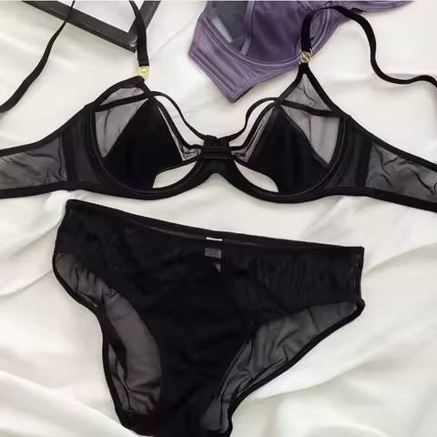 BANERDANNI Set Sutiã E Calcinha Rendado Sem Espuma Aro Flexível Push Up Transparente Estilo Dark Aca