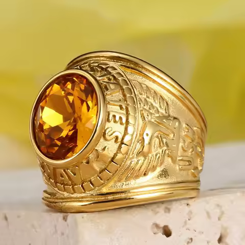 Eagle Earving Stainless Steel Rings for Men Yellow Citrine Gemstones Diamonds 18K Gold Filled Finger