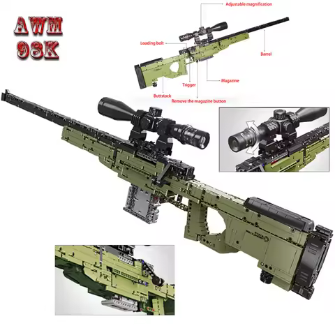 WW2 Military Technic Real Weapon AWM Sniper Rifle Bullet Guns Building Blocks Model King Outdoor Gam