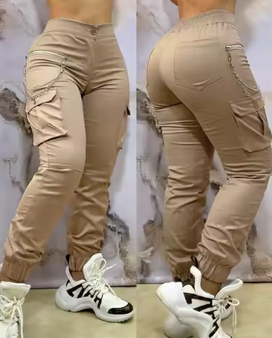 Women's Pants 2024 Autumn Winter Fashion Casual Work Pants Chain Decor Pocket Design Cuffed Cargo Pa