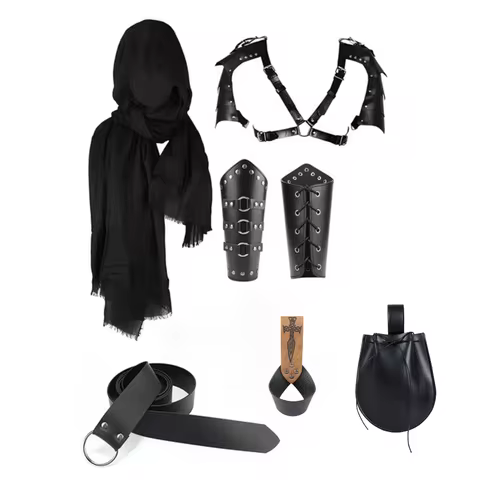 7PCS Men Vintage Medieval Knight Hooded Cloak Scarf Renaissance Belt Wrist Guard Halloween Cosplay C