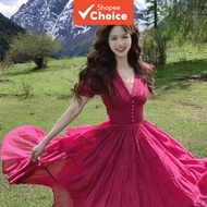Raspberry V-neck French Dress for Women Summer New Arrival Elegant Slim Fit Petite Waist Cut Vacatio