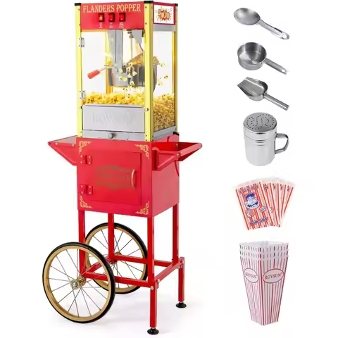 Popcorn Machine with Cart Wheels 8 Oz Kettle Makes Up to 32 Cups ETL Certified Popcorn Maker with St
