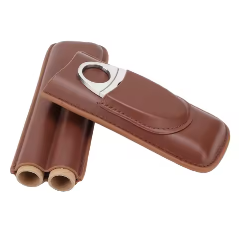 Travel Cigar Case Leather Portable with Cigar Clipper Cigar Holder 6.5x18cm for 2 Cigars Business Of