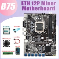 B75 ETH Mining Motherboard 12XPCIE to USB+G1630 CPU+DDR3 4GB RAM+64G SSD+Fan+SATA Cable+Switch Cable