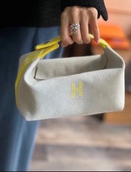 Hermès愛馬仕Bride-a-brac 黃色編織手把帆布便當包洗漱包 米色/PM小號/銀釦/裸包無禮盒 🉑️無卡/刷卡分期