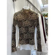 Milyfashion Leopard Print High Neck Mesh Base T-Shirt Slim Long Sleeve Slimmer Look Top Y2K U7F5