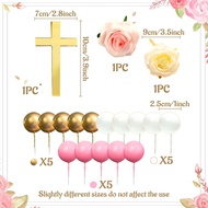 LaVenty Cross Cake Decoration White Gold Rose Cake Decoration Baptism Cake Decoration Baby Shower Ca