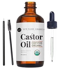 Kate Blanc Cosmetics Castor Oil (2oz), USDA Certified Organic, 100% Pure, Cold Pressed, Hexane Free Stimulate Growth for Eyelashes, Eyebrows, Hair. Skin Moisturizer &amp; Hair Treatment Starter Kit