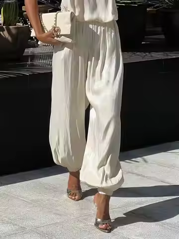 JULISSA MO Elegant Bright Silk Loose Bloomers Women Pants Champagne High Waist Draped Long Trousers 