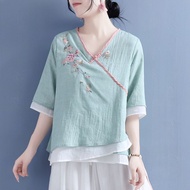 เสื้อคอวีคอวีสำหรับผู้หญิงผ้าคอตตอนและผ้าลินินปักลายขวางสีชุดเดรสวินเทจ2023