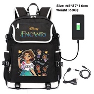 Encanto Student Black Cartoon Casual Usb Interface Backpack Canvas School Bag