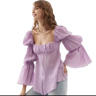 Mitr French Style แขนพอง คอวี ผ้าฝ้ายอินทรีย์ เสื้อเชิ้ตคอกลมแขนยาวทรงหลวมสบายๆ สำหรับผู้หญิง