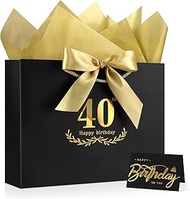 JMANNI Black Gold 40th Birthday Gift Bag with Card and Tissue Paper, 12.6"×9.84"×3.9" Elegant Presen