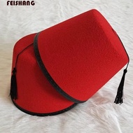 FEISHANG Felt Fez Cap, Red Color Round Tarboosh Fez Hat, Costume Accessories Cosplay Moroccan Hat Br
