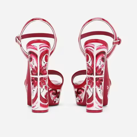 Red Porcelain Print Ruby Platform Block Heel Sandals Woman Summer 2025 Bohemia 3D Printing Buckle Op