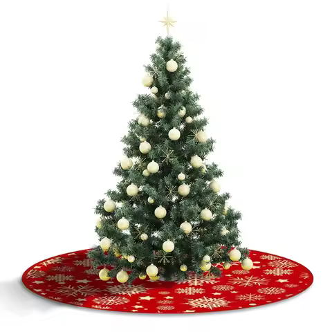 35.4inch Xmas Tree Skirt Snowflake Pattern Red Xmas Tree Mat Printed Christmas Tree Decoration Merry