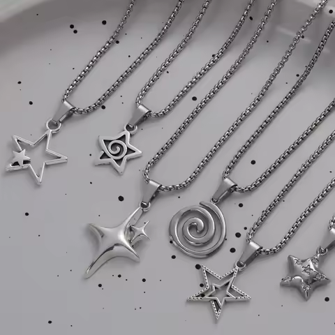 6PcsY2K Star Necklace Set Hollow Star Spiral Four Corners Star Water Diamond Star Pendant Necklace W