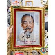 Photo of Uncle Ho with high-quality frame - double gold frame with red border and gold thread, gold 
