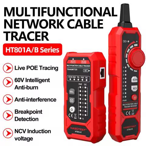 HT801A/HT801B Network Cable Tester RJ11 RJ45 Cable Network Line Finder Wire Tracker POE Checker Cat5